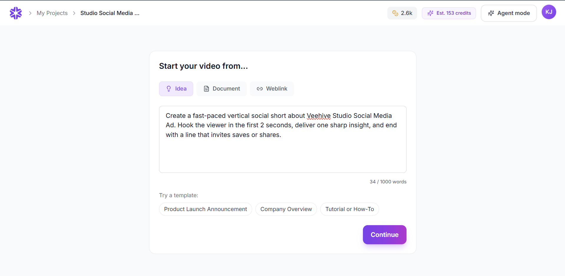Veehive Studio start screen with Idea, Document, and Weblink tabs and a written prompt