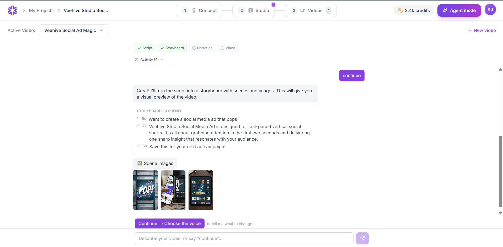 Agent mode chat generating a storyboard with scenes and images inline in the conversation
