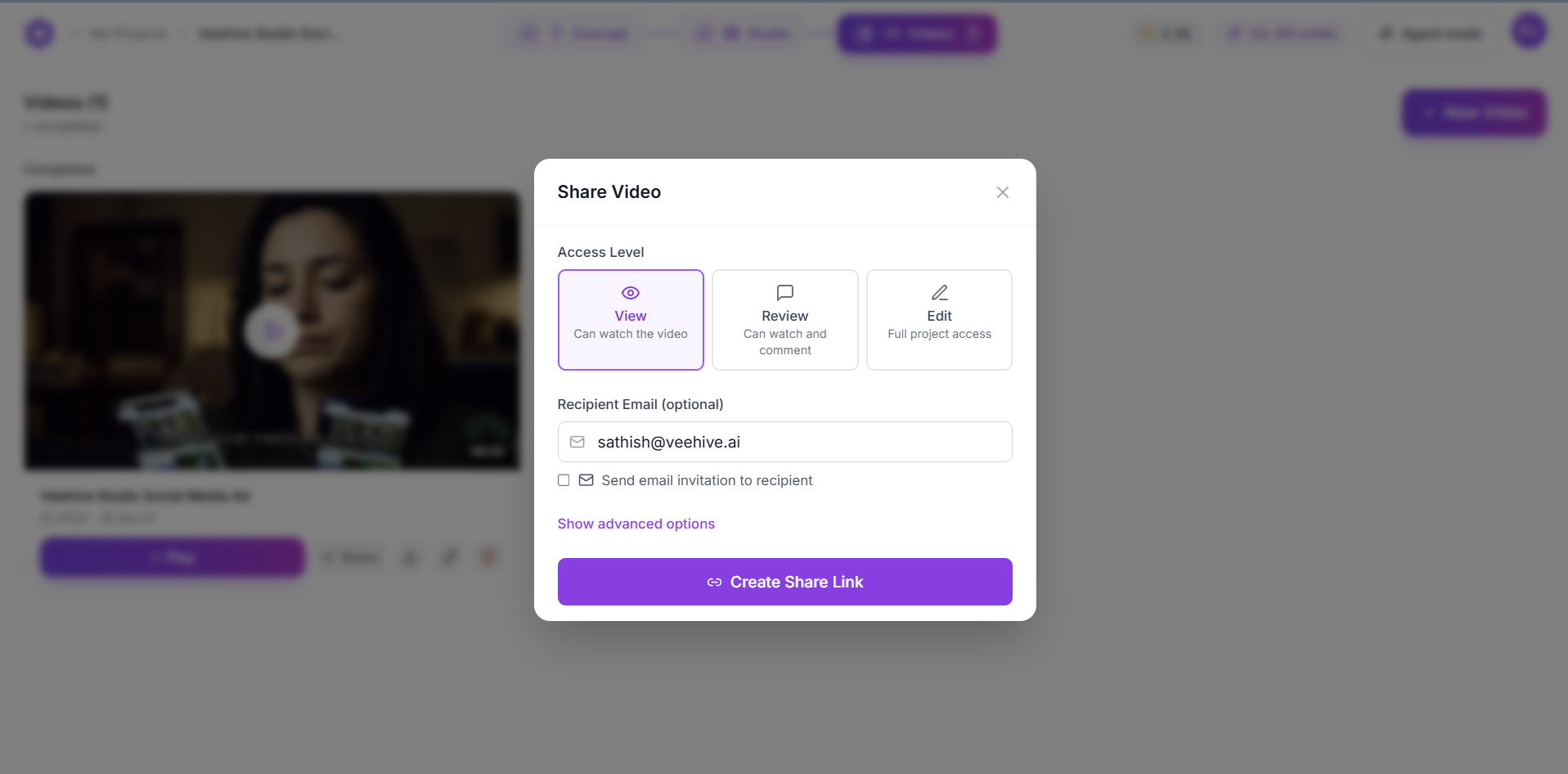 Share Video dialog with View, Review, and Edit access levels and a recipient email field